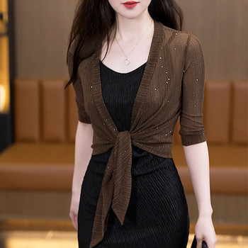 ຕາຫນ່າງ sunscreen cardigan ສໍາລັບແມ່ຍິງ summer ບາງສູງຊັ້ນສູງເປືອກຫຸ້ມນອກສັ້ນ shawl suspender skirt outer blouse ຂະຫນາດນ້ອຍ waistcoat ສໍາລັບແມ່ຍິງ