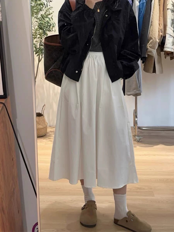 White A-Line Umbrella Skirt for Women, 2026 Spring/Summer New Style, Plus Size, Pear-Shaped, High-Waisted, Slimming, Elegant, Mid-Length Skirt