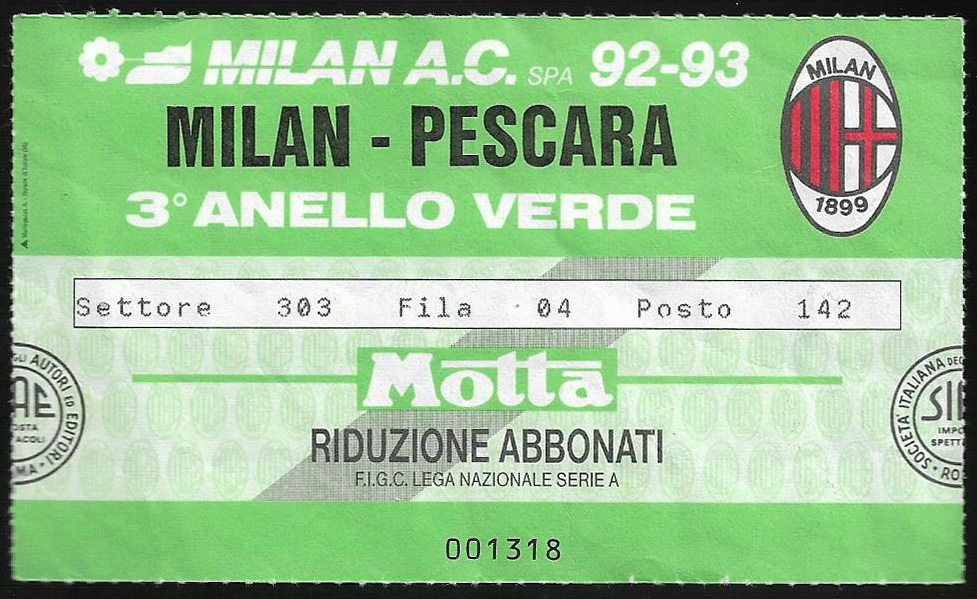Italian Football Tickets 1992-1993 Serie A AC Milan-Pescara 4: 0 Ticket Collection