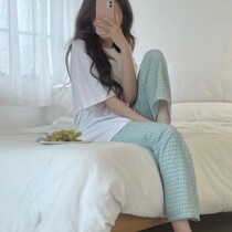 Korean version of loose cotton and linen pajamas womens spring and autumn home plaid straight trousers can be worn outside casual thin girls pants