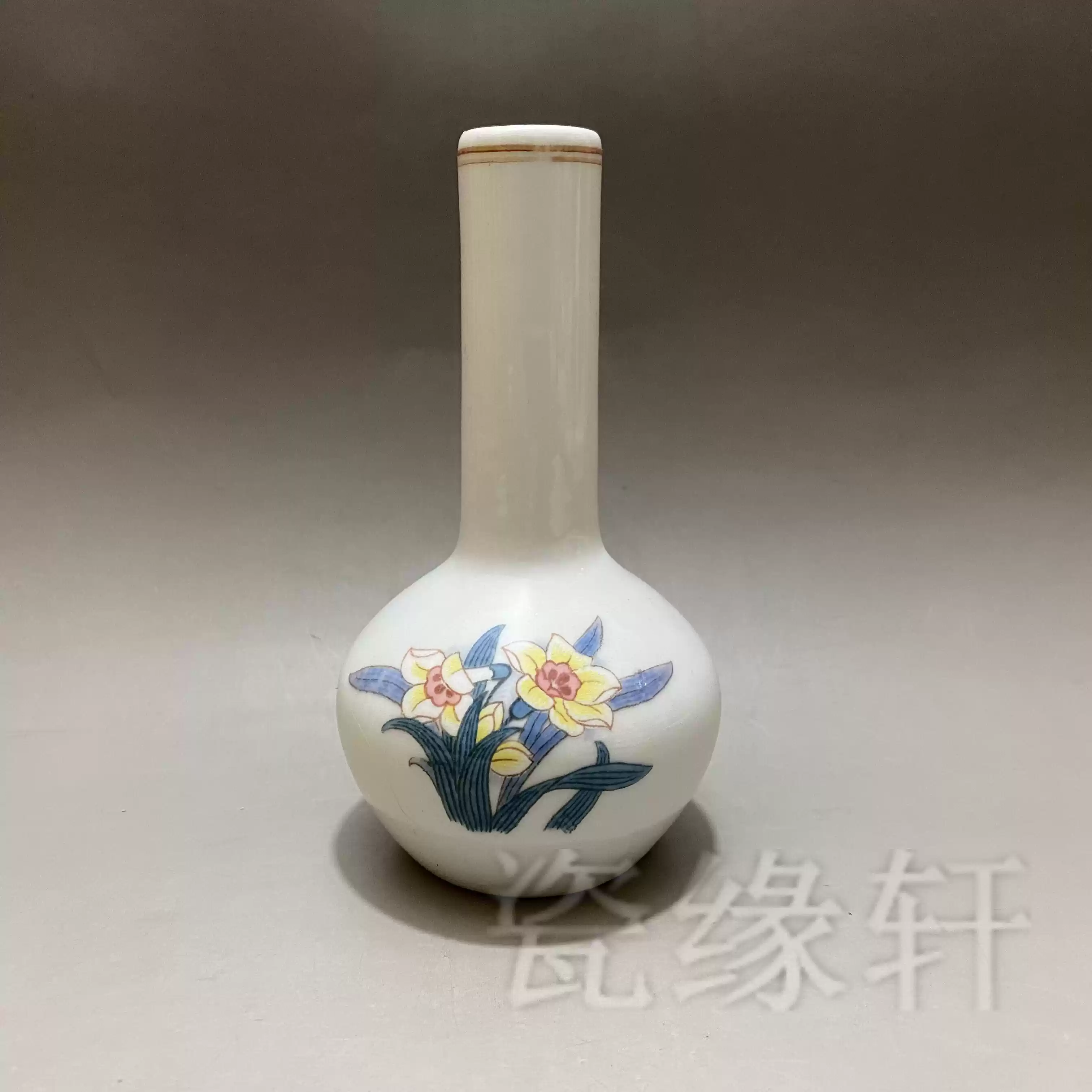 醴陵老瓷器羣力80年代高溫釉下彩五彩水仙小花瓶花插原廠老貨正品-淘寶