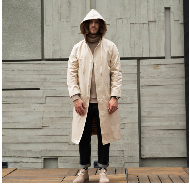 Milan Faner mùa thu mới OVERSIZE siêu dài trench coat men và Châu Âu windproof trùm đầu áo khoác áo triều