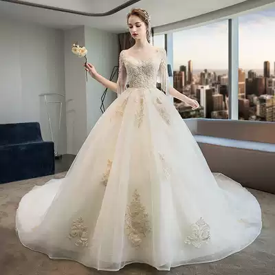 One-word shoulder main wedding dress 2021 new bride temperament Mori starry sky big tail Super fairy dream little luxury