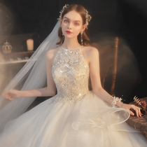 Main wedding dress 2021 new bride temperament simple atmosphere French high-end luxury tailing starry sky hanging neck small man