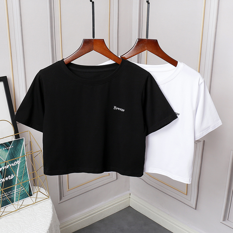 High-Waisted Short T-Shirt for Women, 2025 Summer New Korean Style, Loose Fit, Trendy, Revealing Navel, Pure Cotton, White Short-Sleeve Top