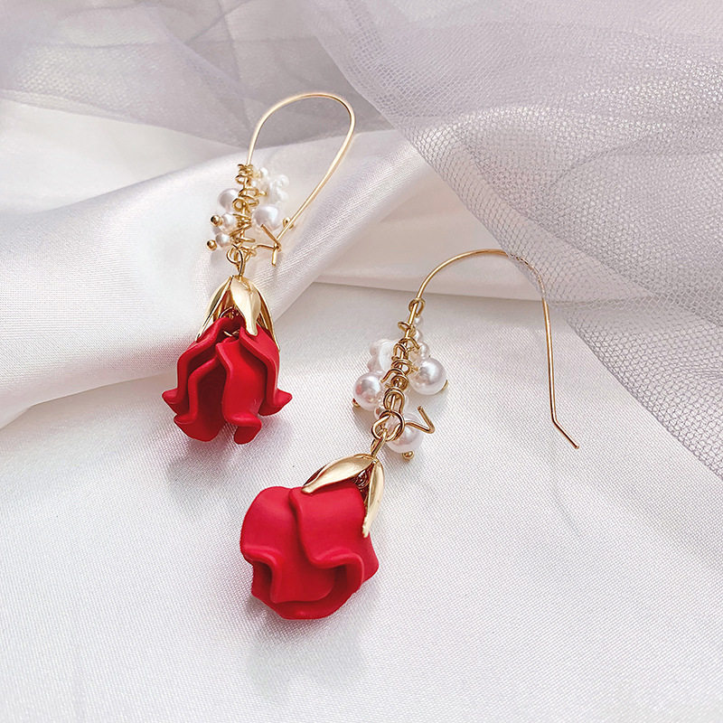 Fashion Red Rose Petal Earrings Woman Pearl Streaming Suear Pendant long style Advanced Sensual Ear Ornament Tide-Taobao