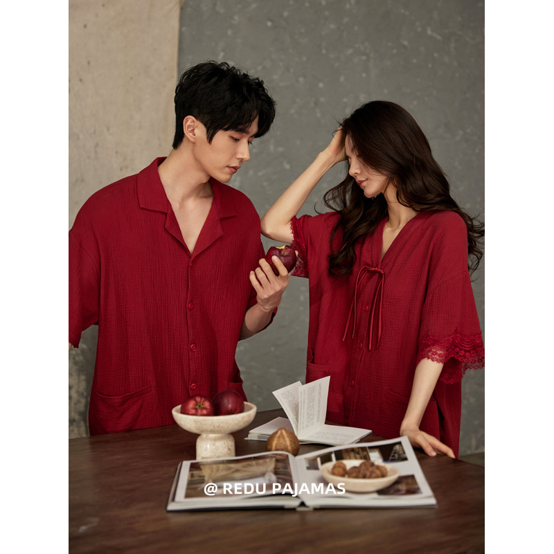 Hot Red Couple Pajamas Newlywed Wedding Set Summer Women's with Chest Pad Integrated Pure Cotton Gauze Men's Loungewear