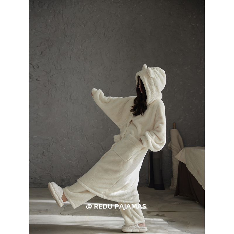 Hot and Cozy Sleep Robe for Women in Autumn and Winter, Cute Bear Ears, Coral Fleece, Thickened with Extra Fleece, Hooded Bathrobe, Warm Pajama Set Hot and Cozy Sleep Robe for Women in Autumn and Winter, Cute Bear Ears, Coral Fleece, Thickened with Extra Fleece, Hooded Bathrobe, Warm Pajama Set