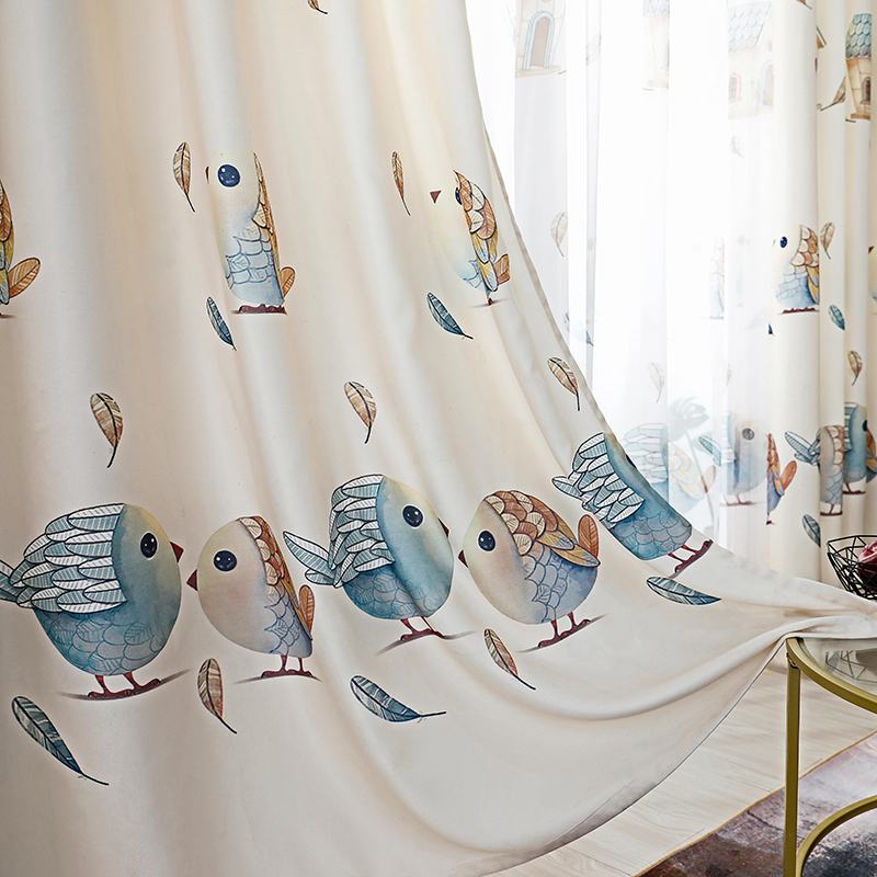 2019 new love bird semi-blackout fabric finished curtains living room bedroom Nordic wind floor-to-ceiling window floating curtains