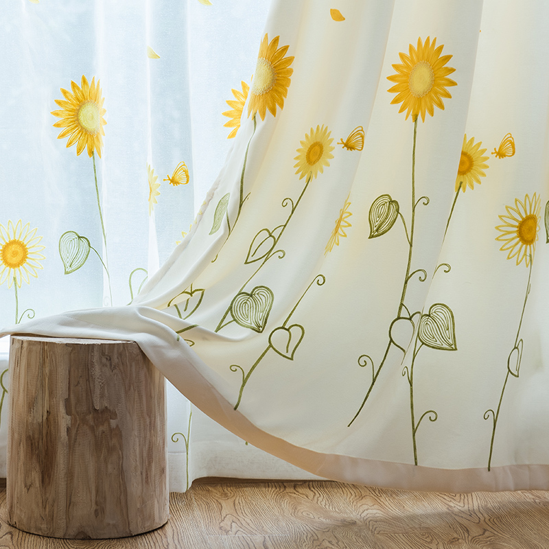 Han Style Fields Garden Little Fresh Finished Products Curtains Custom Semi-Shading Embroidered Cloth Sunflower Children Bedroom Living Room-Taobao