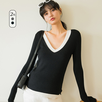 BELLYWEAR maternity sweater top spring and summer new fashion slim contrast color V-neck fashionable temperament bottoming shirt