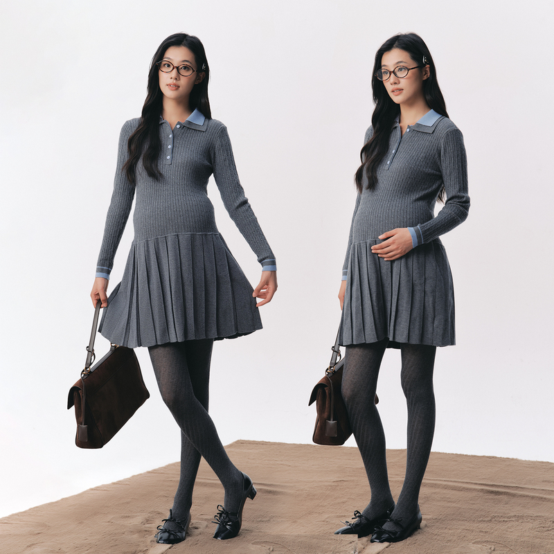 Bellywear Maternity Dress Does Not Show Pregnancy during Pregnancy, Miu Style Christmas Gift Polo Collar Pleated Woolen Skirt Bellywear Maternity Dress Does Not Show Pregnancy during Pregnancy, Miu Style Christmas Gift Polo Collar Pleated Woolen Skirt