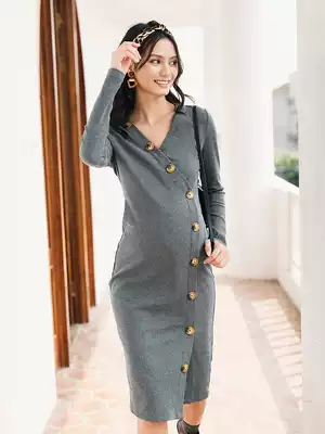 BELLYWEAR pregnant women autumn and winter dress spicy mom's new slim-fitting V-neck LONG-sleeved out-of-home knitted nursing skirt