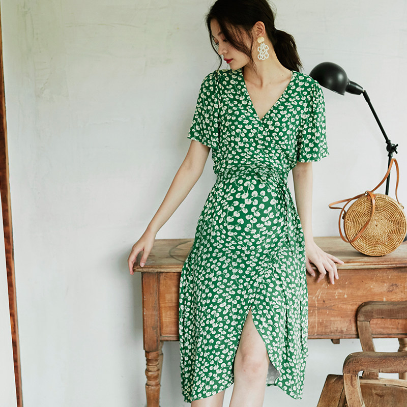 BELLYWEAR PREGNANT WOMEN SUMMER PRINTED WRAP DRESS SHORT SLEEVE CROSS V-NECK FASHION OUT NURSING DRESS