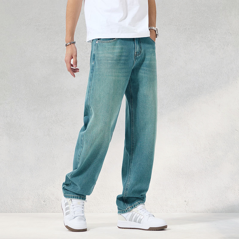 Peacock Blue Emerald Green Stretch Straight Jeans Men's American Loose Pants Men's Trendy Brand Retro Casual Pants