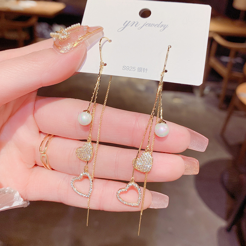 Earrings 2021 new trendy high-end temperament atmosphere pearl tassel love 925 silver needle long version earrings female
