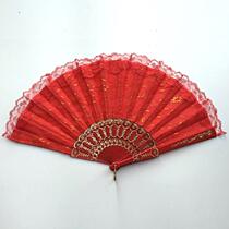 Ballet tassel womens folding fan Dance lace Childrens printing edge two section fan Wing Chun fan fan decoration red