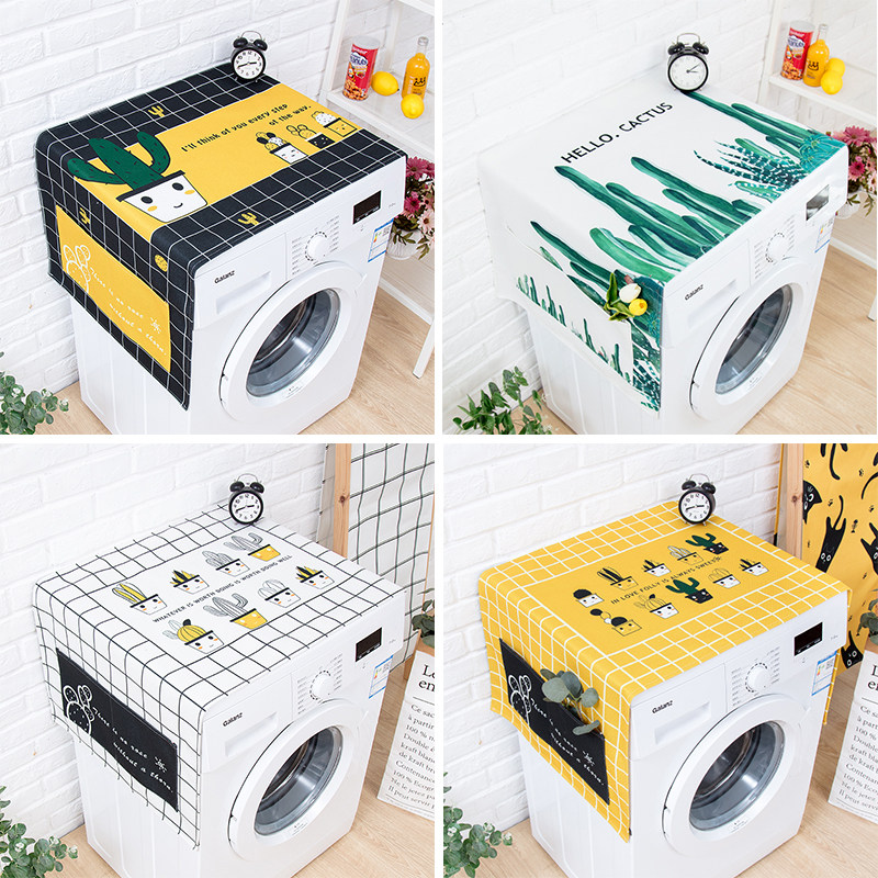 Ins fresh plaid cactus drum washing machine cover cloth refrigerator waterproof dustproof cover bedside table cover towel