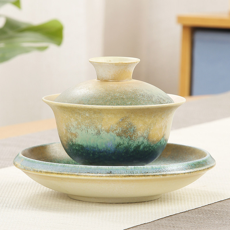 Japanese-style Sancai Gaiwan teacup large single ceramic kung fu tea set is not hot tray coarse pottery tea bowl household