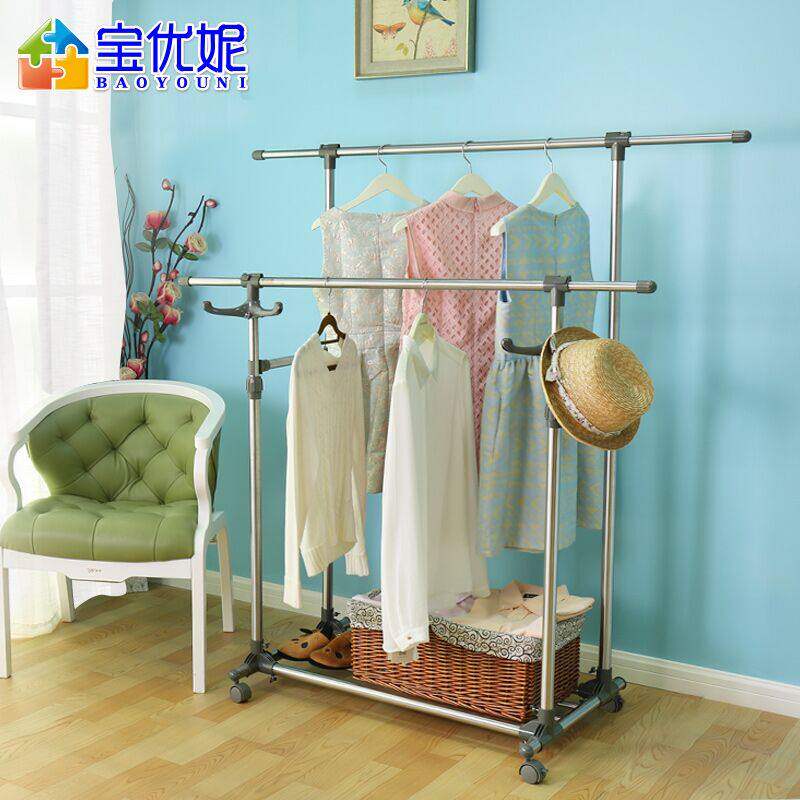 Bao Youni coat rack double pole type stainless steel yangtai hanging hanger floor to ceiling bedroom mobile hanger indoor drying rack