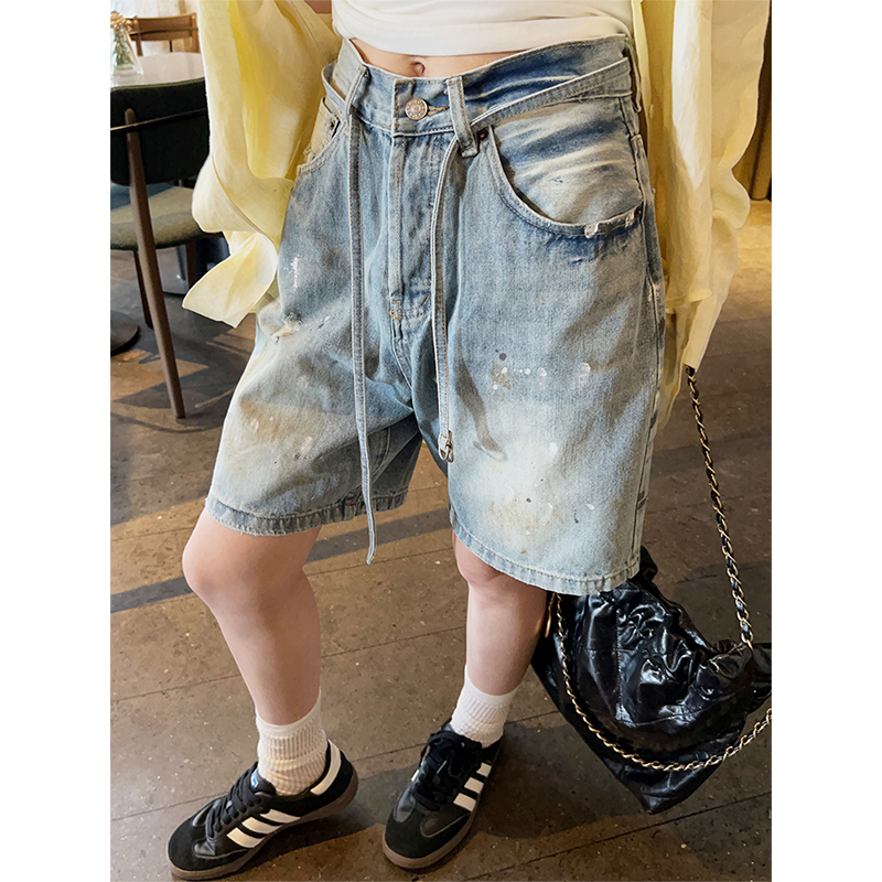 Dai Dai Only Produces the Best! Ink-Splattered, Vintage-Washed Denim Six-Point Mid-Length Pants with Drawstring, Cycling Wide-Leg Shorts