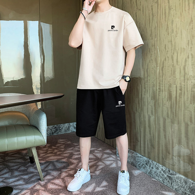 French Pierre Cardin Cotton T-Shirt Sports Suit Men's Pure Cotton Casual Shorts Large Size Loose Short-Sleeved Summer
