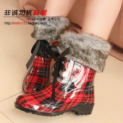Giày đi mưa ống Hàn Quốc Giày đi mưa nữ thời trang không thấm nước với giày cao su phẳng mùa thu và mùa đông giày ấm giầy ủng