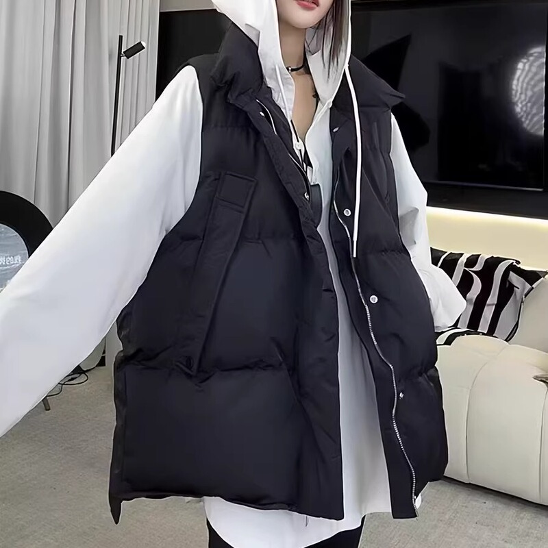 Women's down Vest Korean Style Loose Fit 2025 New Autumn and Winter Black Thickened down Vest Outerwear Fashionable Stand Collar