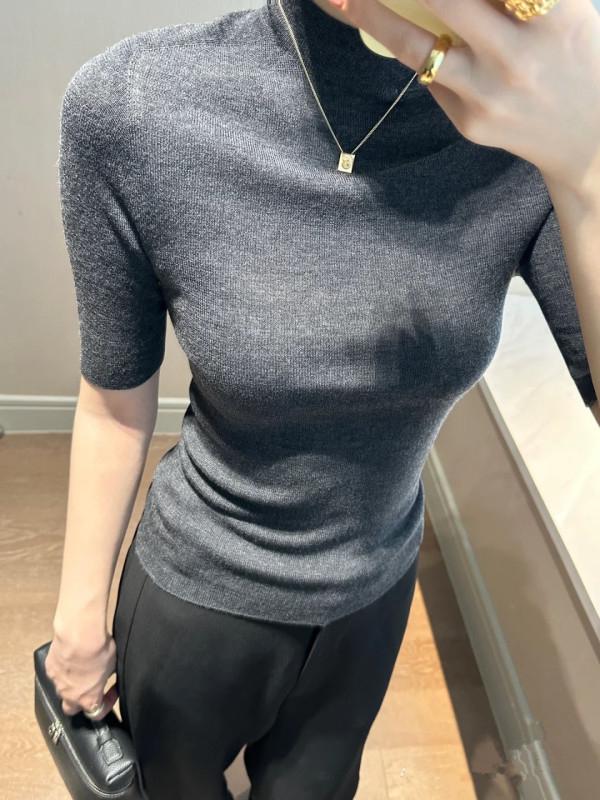 Seamless Fully Formed German Yangzi Yarn Wool Sweater for Women, Half Turtleneck, Half-Sleeve Base Shirt, Slim Fit Top, Five-Quarter Sleeves