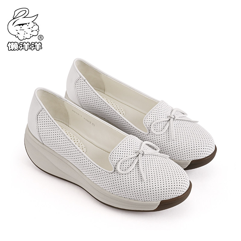 Lazy Yang spring and summer leather soft bottom women's single shoes middle-aged and elderly mother shoes wedge heel thick bottom type 2 large size shoes 0910-1