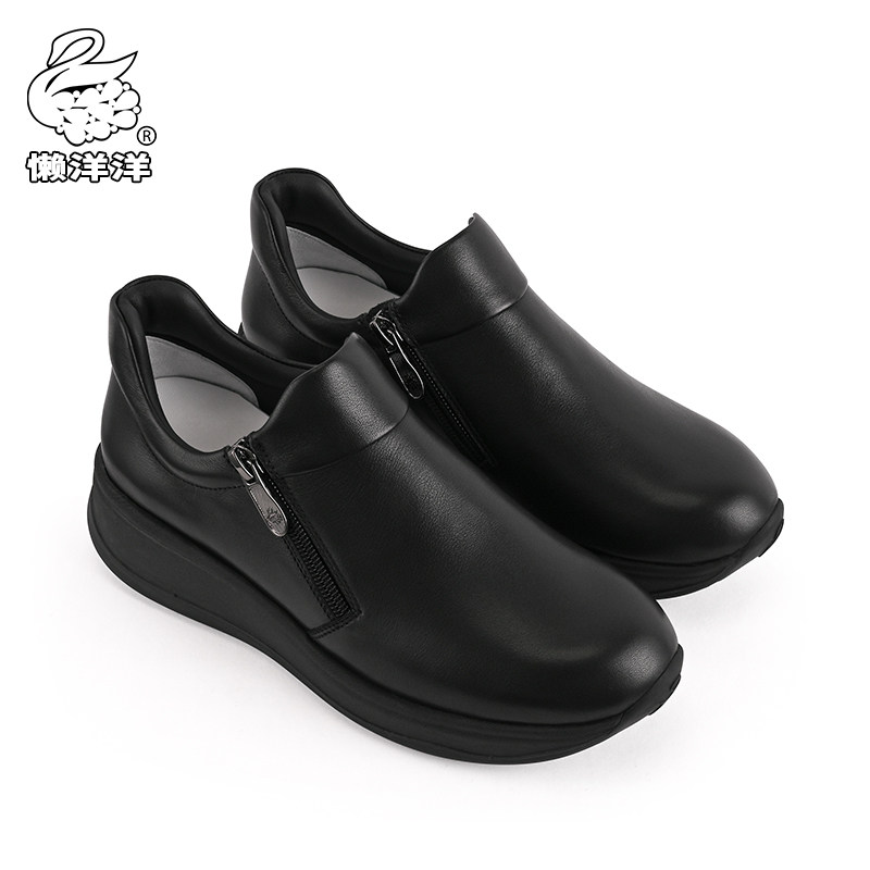 Lazy spring and autumn new leather soft bottom middle heel zipper deep mouth women's shoes shock-absorbing mother cowhide single shoes 0912A