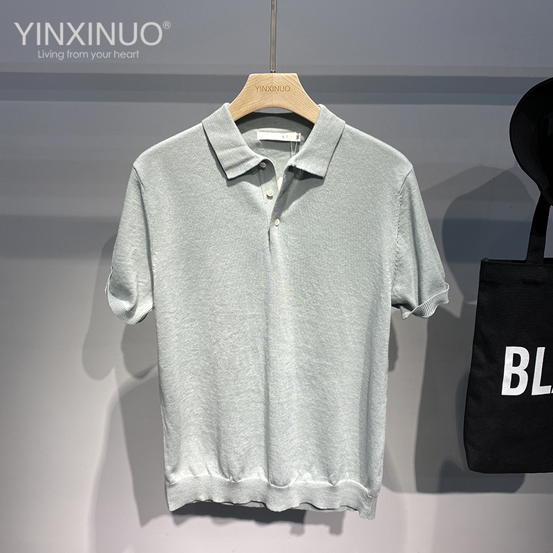 Yinxiino Men's Small Lapel Solid Color Polo Shirt Trendy Elastic Hem Knitted Short-Sleeve T-Shirt Versatile Slim-Fit Half-Sleeve