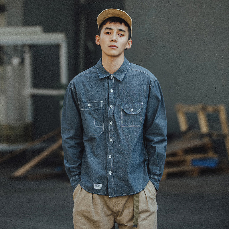 BDCT denim shirt men's thin long-sleeved loose autumn casual retro port wind Japanese trend shirt jacket trend