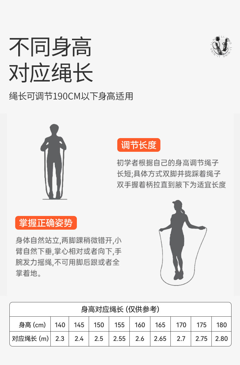 【中國直郵】 李寧 經典運動跳繩 1條 成人/兒童 男/女 通用款 健身訓練 燃脂鍛鍊身體 戶外跳繩 可調長度 繩長2.9米
