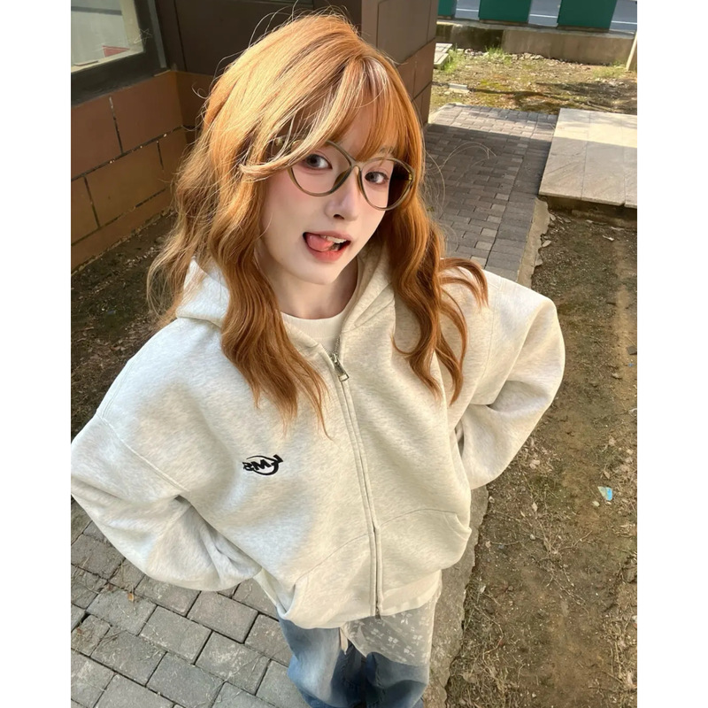 Pure Cotton Gray Zip-Up Sweatshirt for Women 2025 New Autumn and Winter American Style Hooded Lazy Style Loose Hoodie Top Jacket