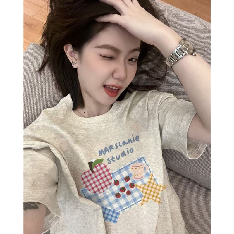 Pure Cotton White-Gray Short-Sleeved T-Shirt for Women 2026 New Popular Summer Design Loose and Lazy Style Half-Sleeved Top Pure Cotton White-Gray Short-Sleeved T-Shirt for Women 2026 New Popular Summer Design Loose and Lazy Style Half-Sleeved Top