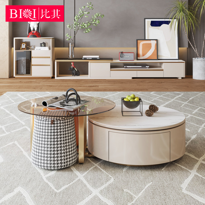 Italian light luxury rock slab round coffee table TV cabinet combination modern Nordic glass coffee table living room small apartment