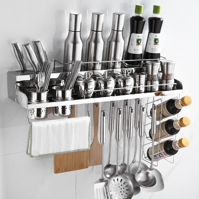 Kitchen shelf free punch wall hanging 304 stainless steel seasoning rack hardware pendant kitchen bathroom storage knife holder