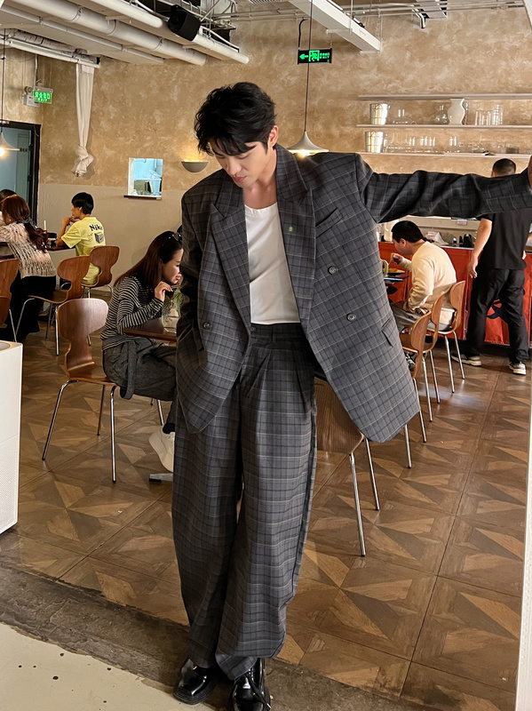 Sanlang Niche Yuppie Loose Plaid Blazer Wide-Leg Plaid Trousers Men's Suit Two-Piece Set