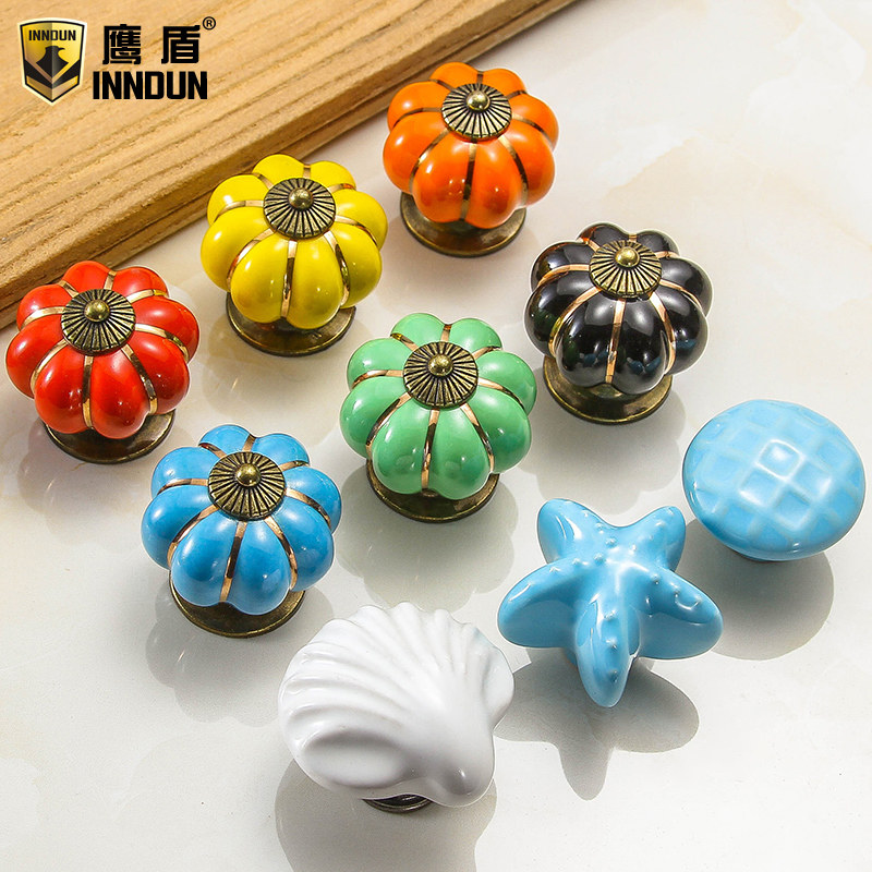 Eagle Shield Nursery Cartoon Pull Hands Cute Pumpkin Ceramic Single Hole European Rural Overall Cabinet Wardrobe Door Drawer Handle