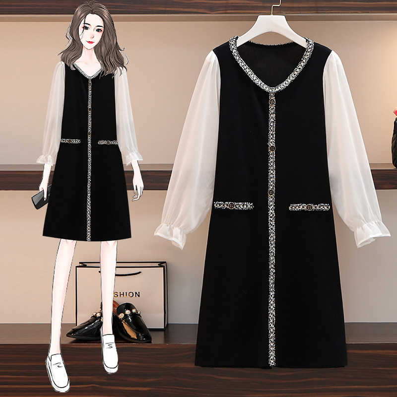 Large size women's dress 2022 spring summer dress new display slim cover with slew sleeve temperament small scented wind cover pregnant woman foreign dress