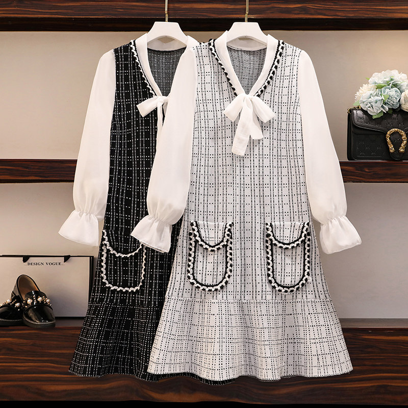 Qiao Meixi plus-size women's autumn dress chiffon long-sleeved splicing knitting small fragrant wind slimming maternity dress trendy