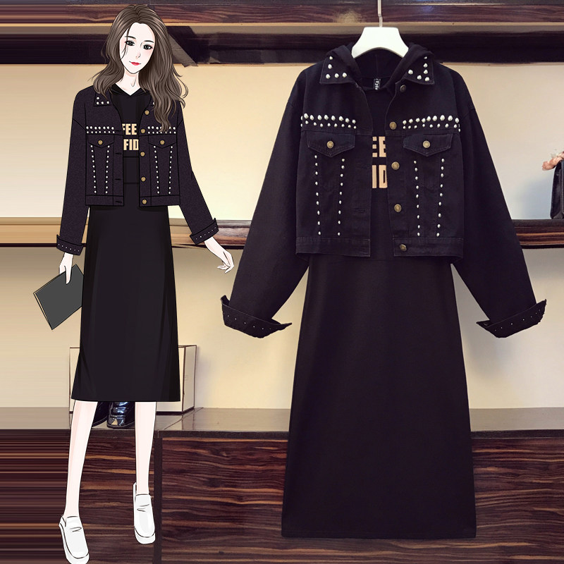 (Jo Meixi) 2021 Spring loaded with large size women's fashion Fashion Minus-Age Denim Jacket Pregnant Women Foreign Dress Two Style Suits