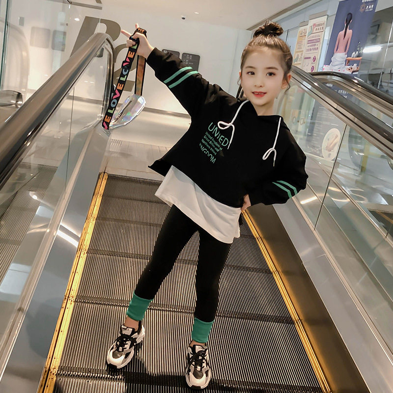 New Korean girls' pure cotton suit big child loose splicing even cap in long version of the pair of pants, two sets of damp