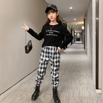 Girls cotton set 2021 autumn new foreign style children's long sleeve T-shirt plaid pants two-piece set tide