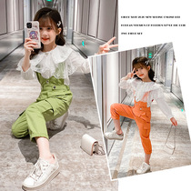 Girls autumn new foreign style Korean set new large children lace shirt belt pants fashionable cotton two-piece set