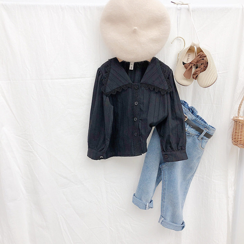 Girls Suit Autumn 2021 New Foreign Style Korean Children's Lace Long Sleeve Shirt Denim Pants Two-Piece Set