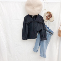 Girls suit autumn 2021 new foreign style Korean children's child lace long sleeve shirt denim pants two-piece set