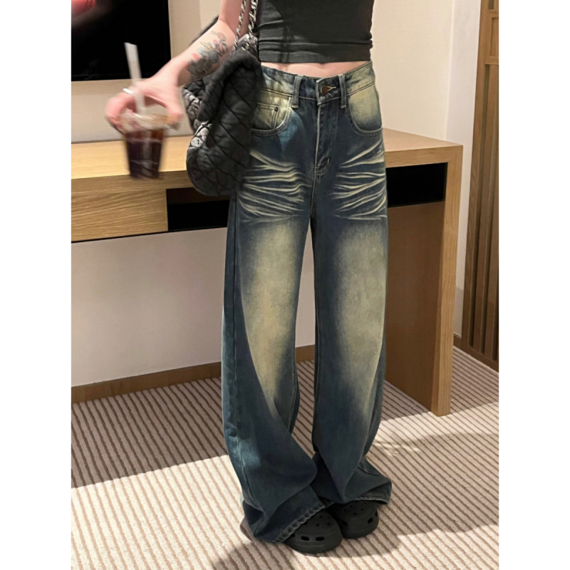 Daluobo Spring/Summer Korean Style Mid-Waist Distressed Vintage Loose Straight Flared Jeans Long Pants for Women Floor-Length