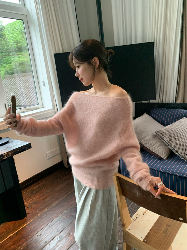 Imiss Winter 2026 New Mohair Off-Shoulder Sweater for Women, Korean Style, Lazy and Casual Pullover Sweater